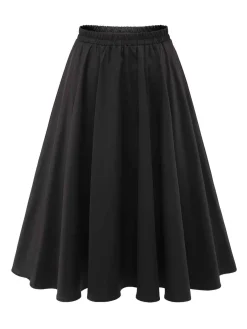 Sale Retro Stage 1950s Solid Elastic Waist Pleated Skirt Black