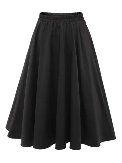 Sale Retro Stage 1950s Solid Elastic Waist Pleated Skirt Black