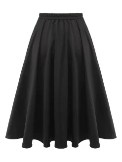 Sale Retro Stage 1950s Solid Elastic Waist Pleated Skirt Black