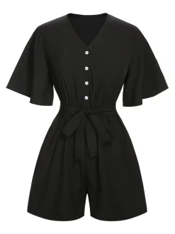 Sale Retro Stage 1960s Solid Flare Sleeve V-Neck Romper Black