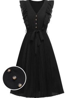 New Retro Stage 1940s Solid Flying Sleeve Pleated Dress Black