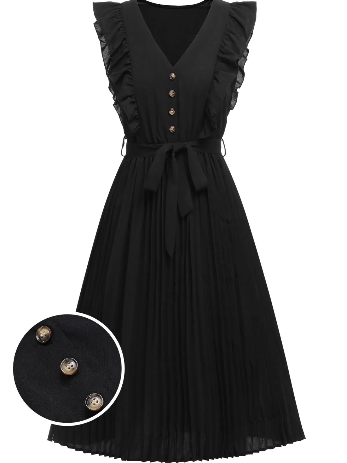 New Retro Stage 1940s Solid Flying Sleeve Pleated Dress Black