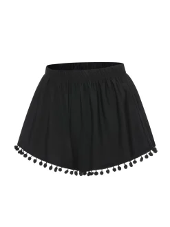 Fashion Retro Stage 1970s Solid Fur Ball Tassel Shorts Black