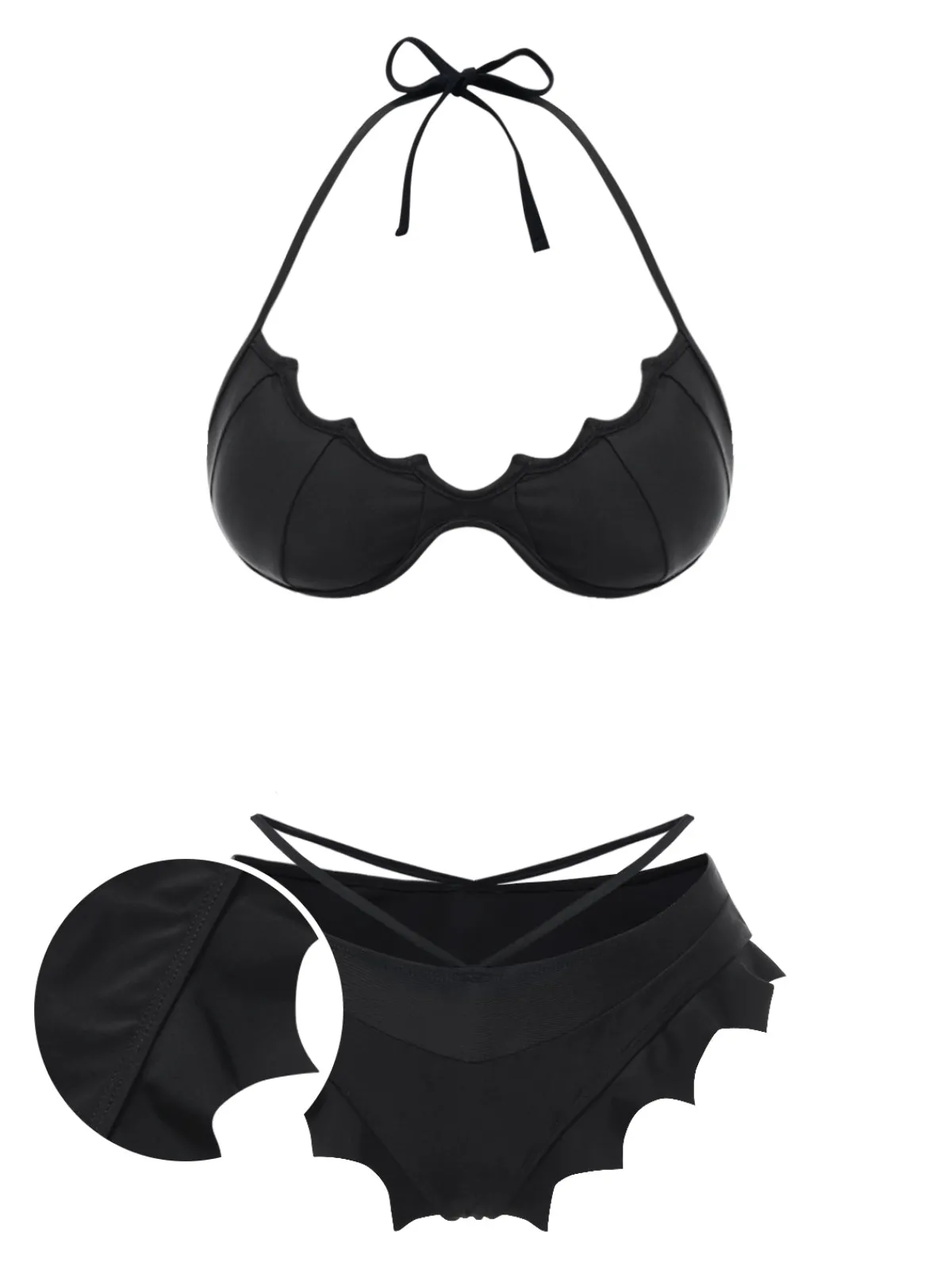 Best Retro Stage 1980s Solid Gothic Bat Wings Bikini Set Black
