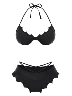 Best Retro Stage 1980s Solid Gothic Bat Wings Bikini Set Black