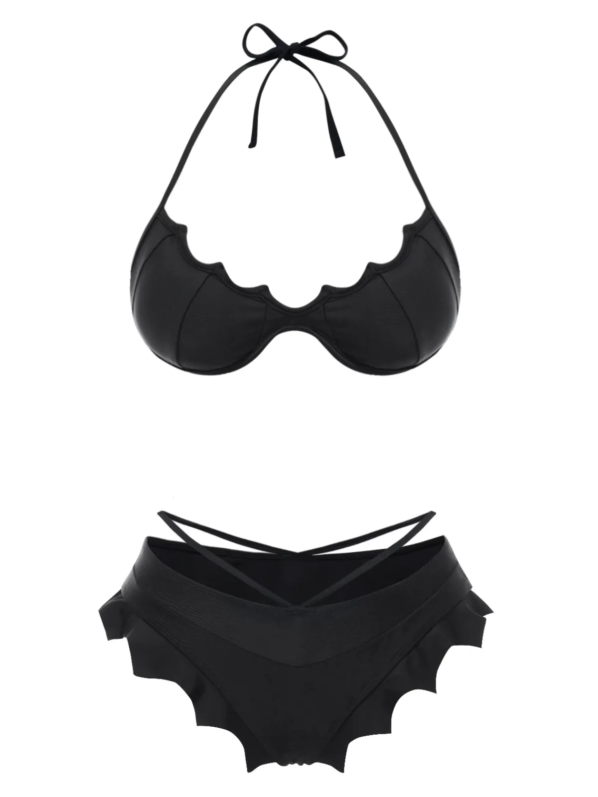 Best Retro Stage 1980s Solid Gothic Bat Wings Bikini Set Black