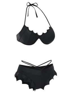 Best Retro Stage 1980s Solid Gothic Bat Wings Bikini Set Black
