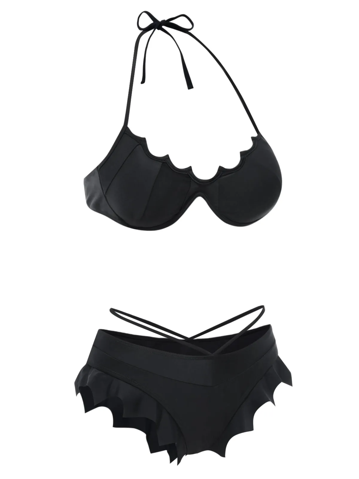 Best Retro Stage 1980s Solid Gothic Bat Wings Bikini Set Black