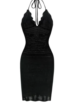 New Retro Stage 1970s Solid Halter Knit Dress Black