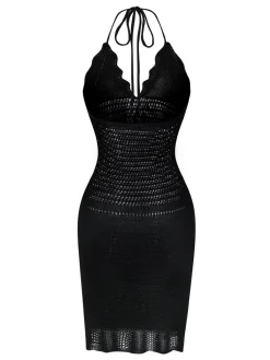 New Retro Stage 1970s Solid Halter Knit Dress Black