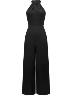 Sale Retro Stage 1930s Solid Halter Sleeveless Jumpsuit Black