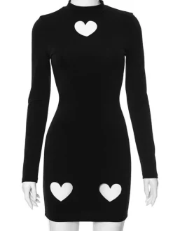 Clearance Retro Stage 1960s Solid Heart Cut Out Dress Black