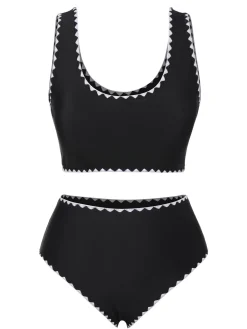 Discount Retro Stage 1950s Solid Jagged Edge Swimsuit Black