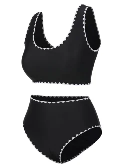 Discount Retro Stage 1950s Solid Jagged Edge Swimsuit Black