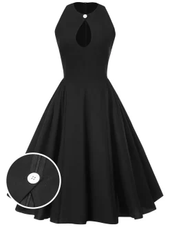 Online Retro Stage 1950s Solid Keyhole Sleeveless Dress Black