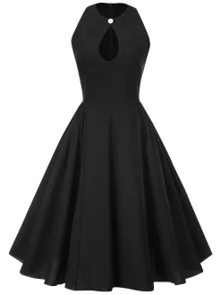 Online Retro Stage 1950s Solid Keyhole Sleeveless Dress Black