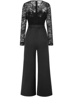 Fashion Retro Stage 1940s Solid Lace Patchwork Jumpsuit Black