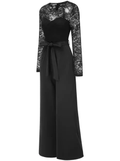 Fashion Retro Stage 1940s Solid Lace Patchwork Jumpsuit Black