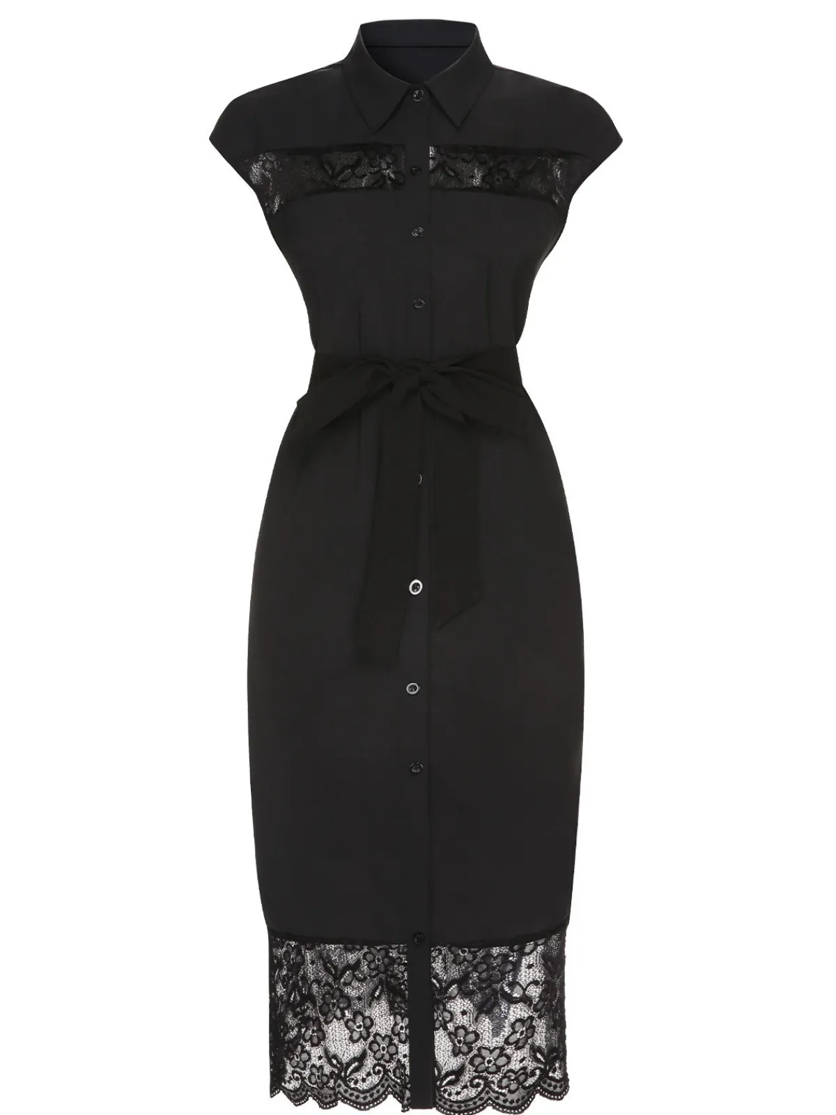 Best Retro Stage 1940s Solid Lace Shirt Collar Belted Dress Black