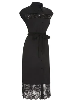 Best Retro Stage 1940s Solid Lace Shirt Collar Belted Dress Black