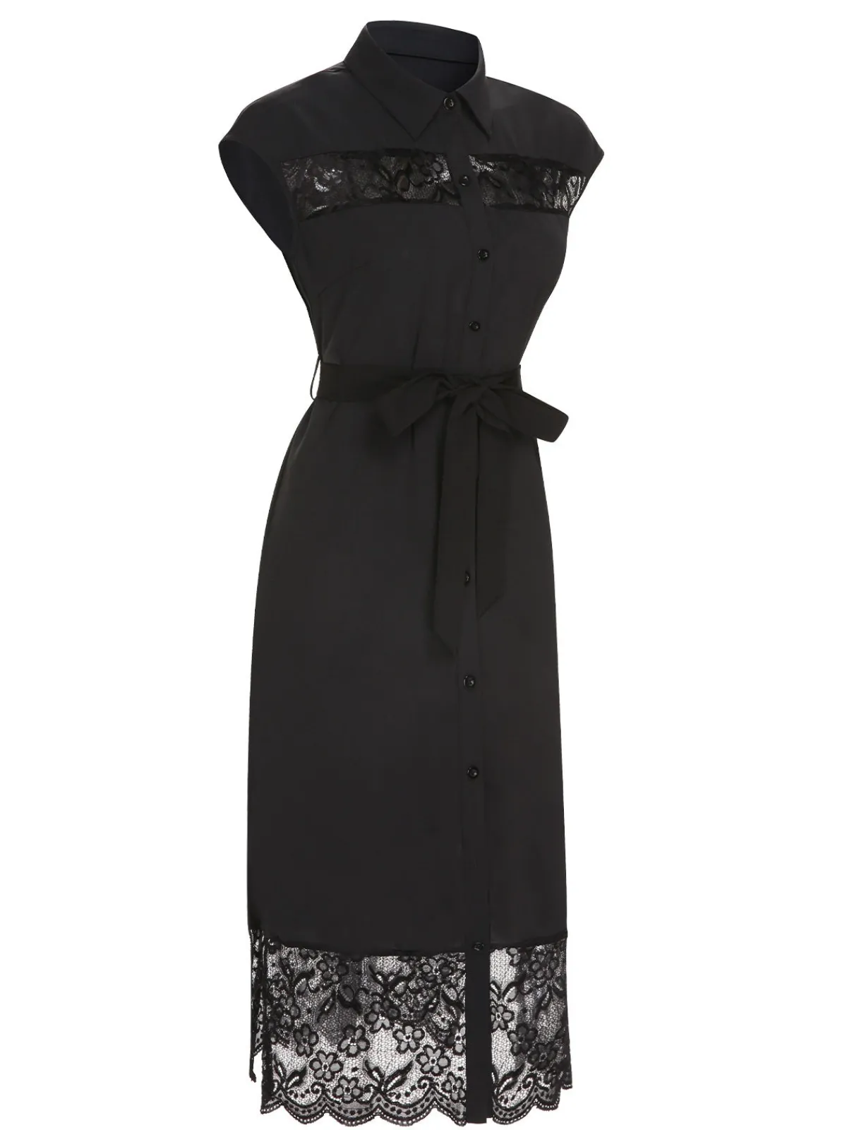 Best Retro Stage 1940s Solid Lace Shirt Collar Belted Dress Black
