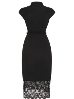 Best Retro Stage 1940s Solid Lace Shirt Collar Belted Dress Black