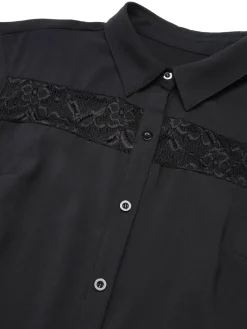 Best Retro Stage 1940s Solid Lace Shirt Collar Belted Dress Black