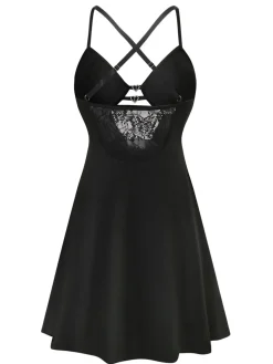 Hot Retro Stage 1950s Solid Lace Strappy Nightdress Black