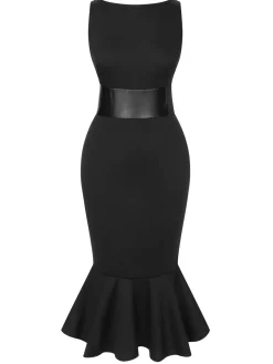 Fashion Retro Stage 1930s Solid Leather Patchwork Fishtail Dress Black