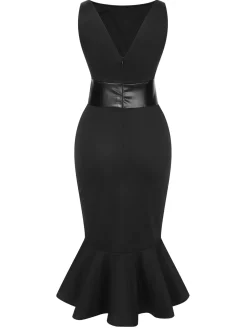 Fashion Retro Stage 1930s Solid Leather Patchwork Fishtail Dress Black