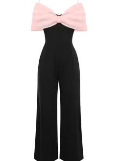 Fashion Retro Stage 1930s Solid Mesh Bow Jumpsuit Black