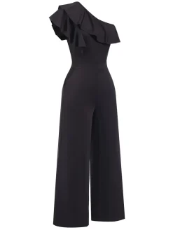 Discount Retro Stage 1940s Solid One Shoulder Jumpsuit Black