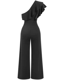 Discount Retro Stage 1940s Solid One Shoulder Jumpsuit Black