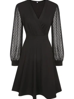 Sale Retro Stage 1950s Solid Patchwork Dress Black