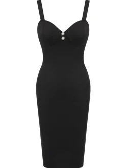 Online Retro Stage 1960s Solid Pearl Buttons Suspender Dress Black
