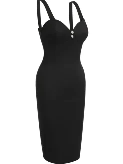 Online Retro Stage 1960s Solid Pearl Buttons Suspender Dress Black
