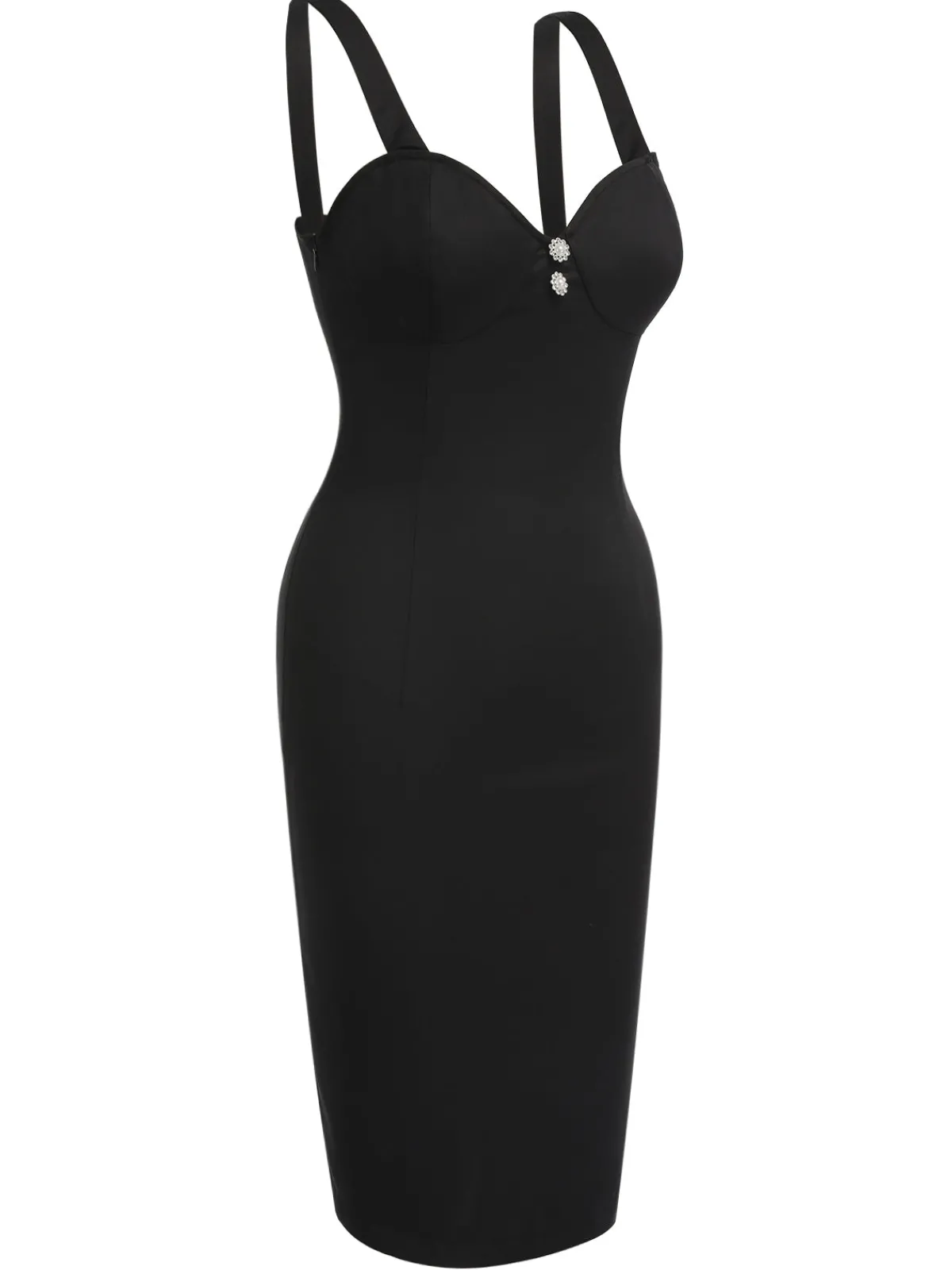 Online Retro Stage 1960s Solid Pearl Buttons Suspender Dress Black