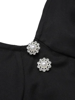 Online Retro Stage 1960s Solid Pearl Buttons Suspender Dress Black