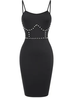 New Retro Stage 1960s Solid Pearl Spaghetti Straps Dress Black