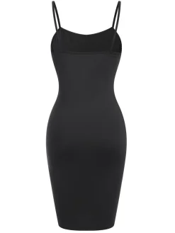 New Retro Stage 1960s Solid Pearl Spaghetti Straps Dress Black