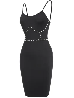 New Retro Stage 1960s Solid Pearl Spaghetti Straps Dress Black