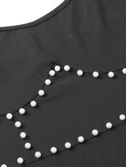 New Retro Stage 1960s Solid Pearl Spaghetti Straps Dress Black