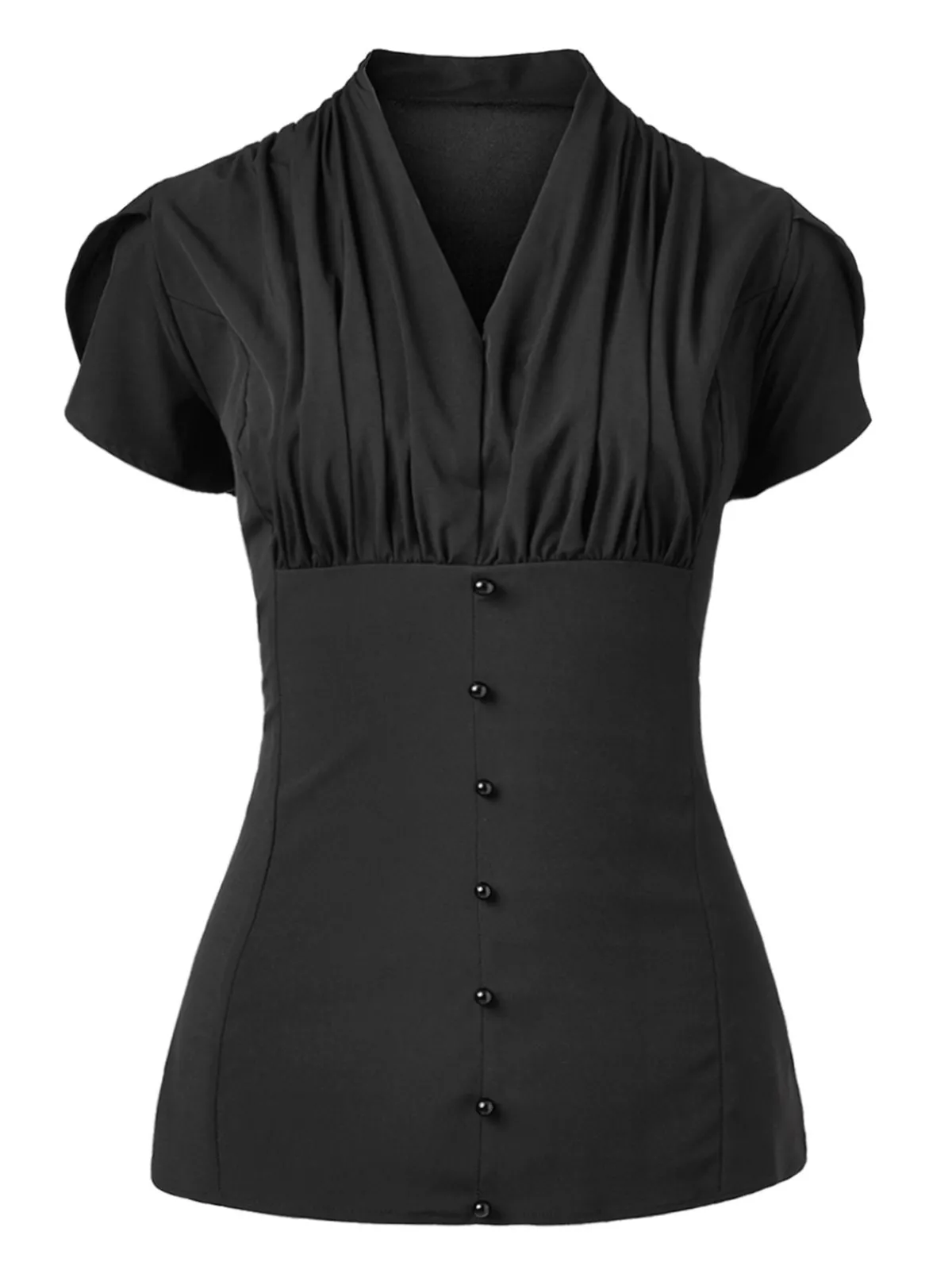 Outlet Retro Stage 1960s Solid Pleated Petal Sleeve Blouse Black