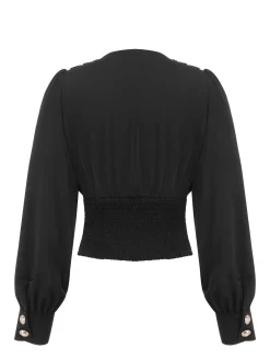 Clearance Retro Stage 1950s Solid Puff Sleeves V-Neck Blouse Black