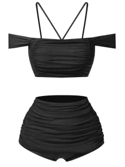 Sale Retro Stage 1930s Solid Ruched Off-Shoulder Halter Swimsuit Black