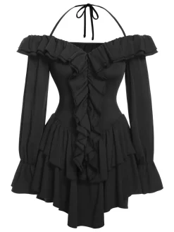 Clearance Retro Stage 1950s Solid Ruffle Off-Shoulder Romper Black