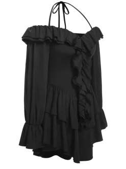 Clearance Retro Stage 1950s Solid Ruffle Off-Shoulder Romper Black