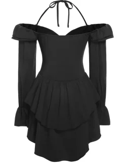 Clearance Retro Stage 1950s Solid Ruffle Off-Shoulder Romper Black