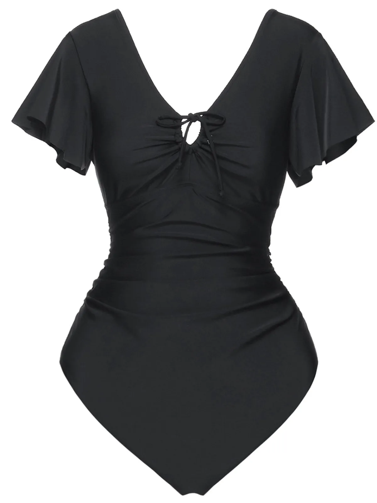 Best Retro Stage 1940s Solid Ruffle Sleeves One-Piece Swimsuit Black