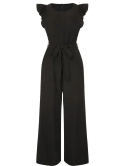 Sale Retro Stage 1930s Solid Ruffle Sleeves Belted Jumpsuit Black